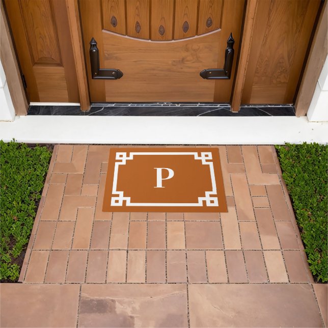 Burnt Orange and White Greek Key Border Monogram Doormat (Outdoor)