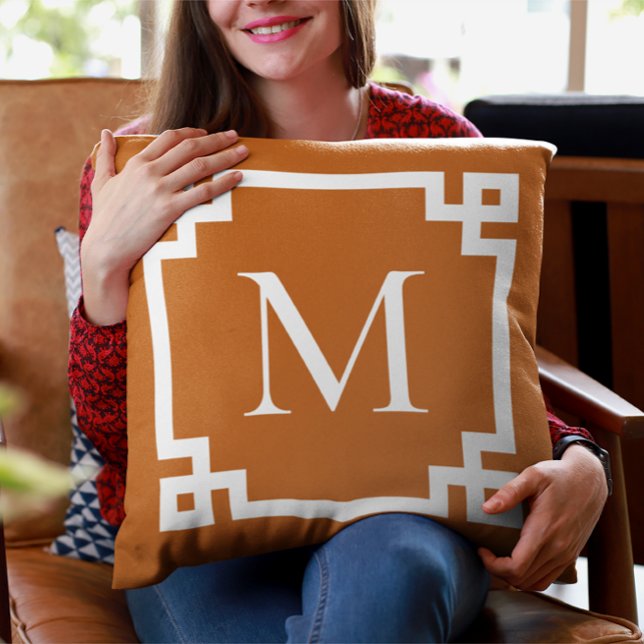 Burnt Orange and White Monogram Greek Key Border Throw Pillow (Create your own monogrammed Greek Key border square throw pillow.)