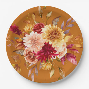 Burnt Orange and Yellow Dahlia Flowers Wedding Paper Plate