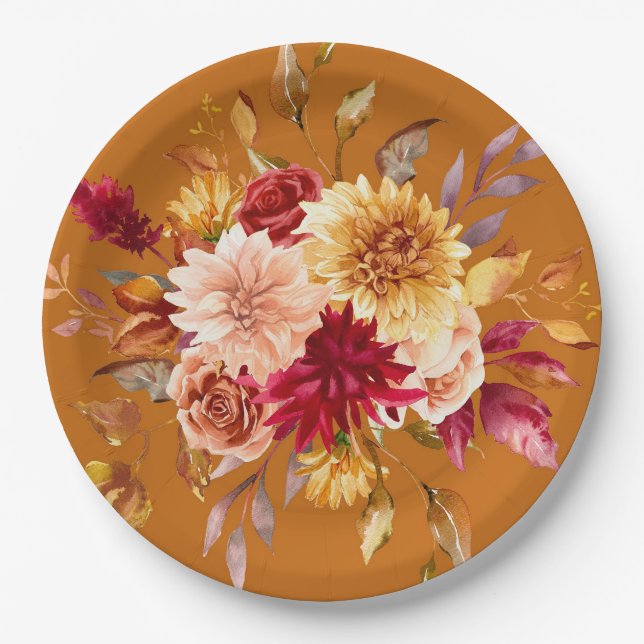 Burnt Orange and Yellow Dahlia Flowers Wedding Paper Plate (Front)