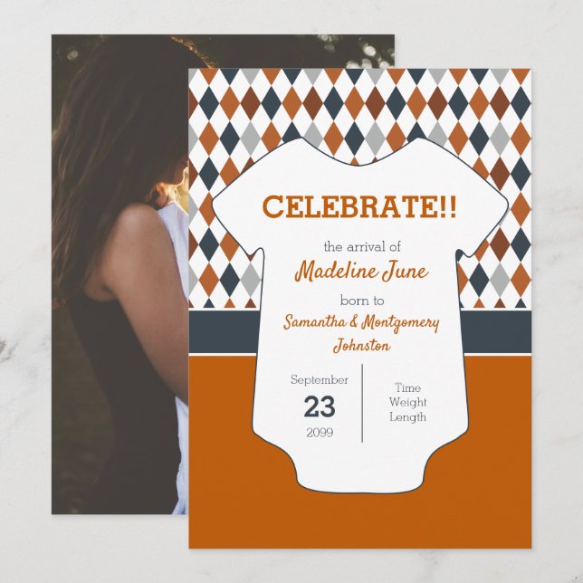 Burnt Orange Argyle Pattern Baby Photo Announcement (Front/Back)