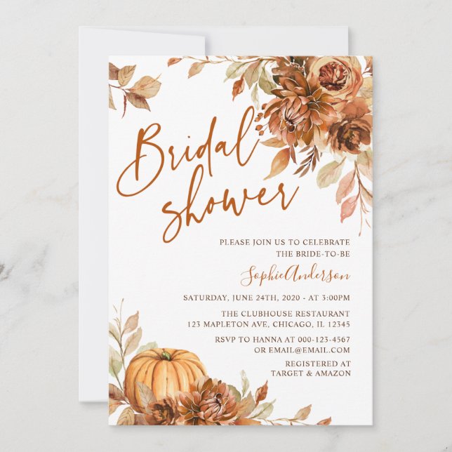 Burnt Orange Autumn Pumpkin Fall Bridal Shower Invitation (Front)