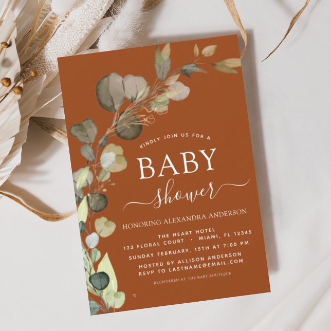 Burnt Orange Baby Shower Eucalyptus Invitations (Creator Uploaded)