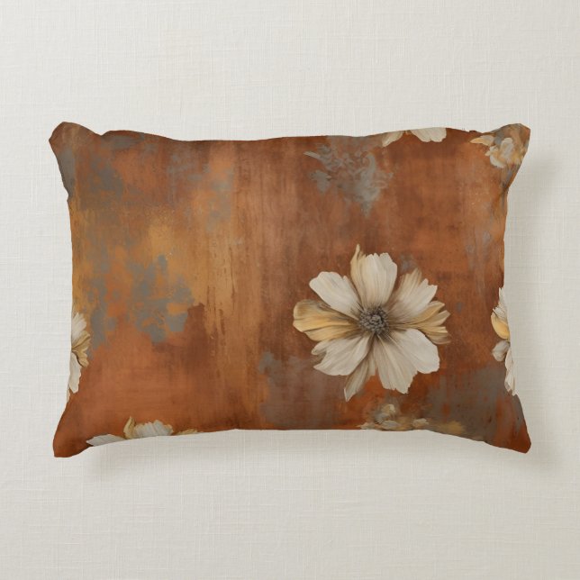 Burnt Orange Beige Grey Farmhouse Floral Accent Pillow (Front)