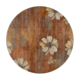 Burnt Orange Beige Grey Farmhouse Floral Cutting Board