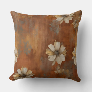 Burnt Orange Beige Grey Farmhouse Floral Throw Pillow