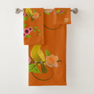 Burnt Orange - Bird & Yellow Rose Bath Towel Set