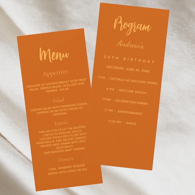 Burnt orange birthday program dinner menu card (Creator Uploaded)