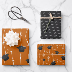 Burnt Orange & Black Graduation Cap Toss Wrapping Paper Sheet
