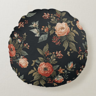 Burnt Orange Black Sage Dark Cottagecore Floral Round Pillow
