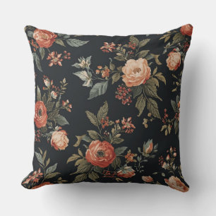 Burnt Orange Black Sage Dark Cottagecore Floral Throw Pillow