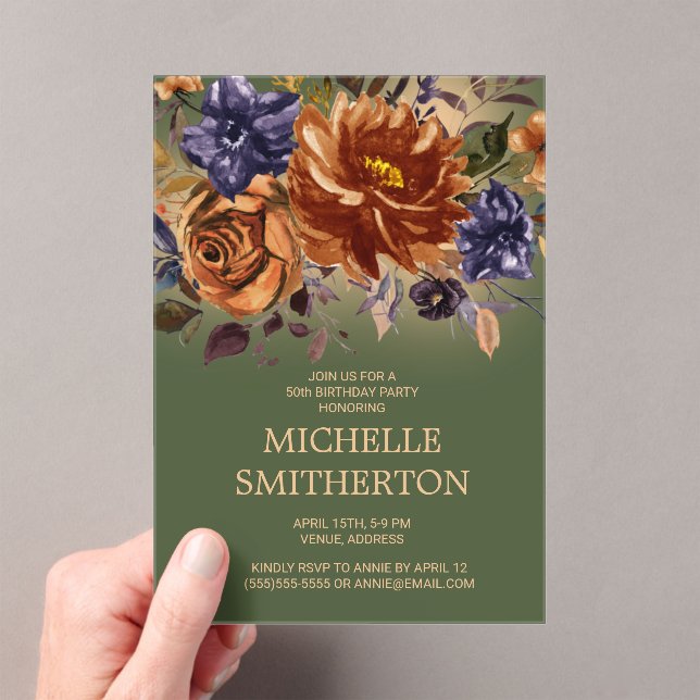 Burnt Orange Blue Floral Green 50th Birthday Acrylic Invitations (Insitu (Handheld))