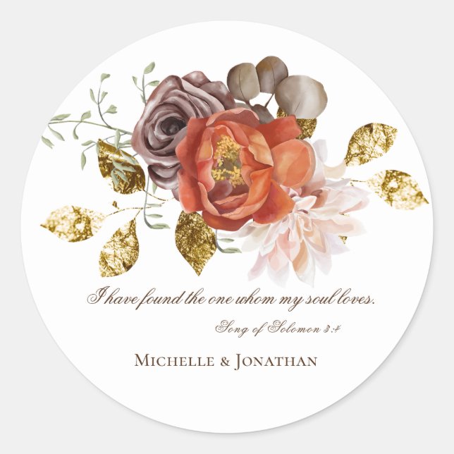 Burnt Orange Blush Floral Christian Bible Wedding Classic Round Sticker (Front)