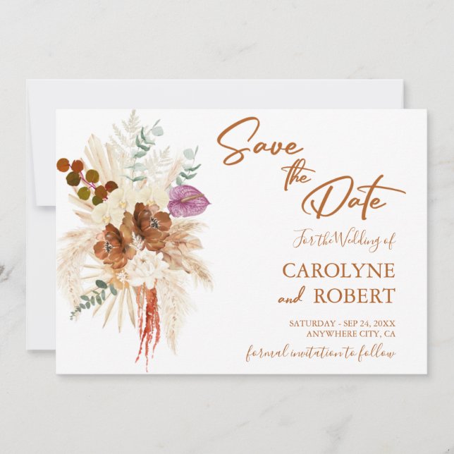 Burnt Orange Bohemian Pampas Grass Save The Date Invitation (Front)