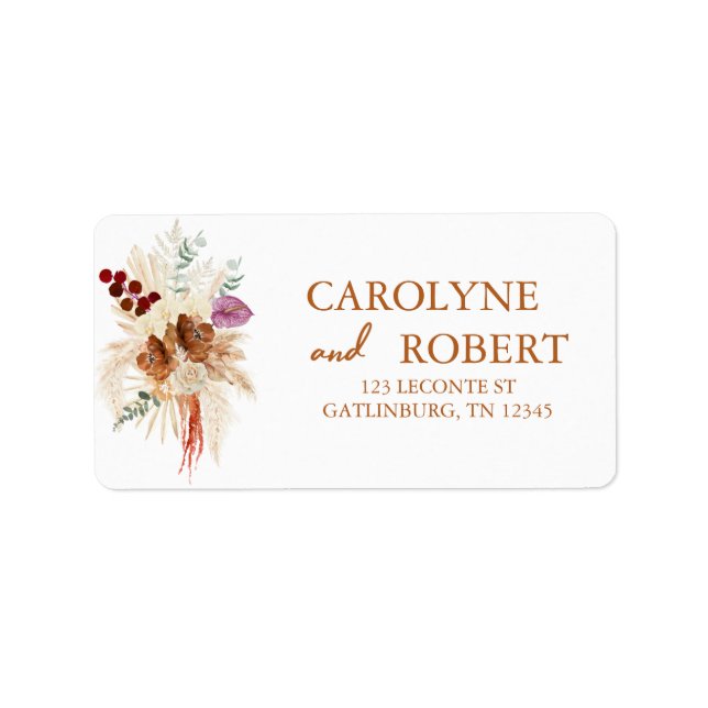 Burnt Orange Bohemian Pampas Grass Wedding Address Label (Front)