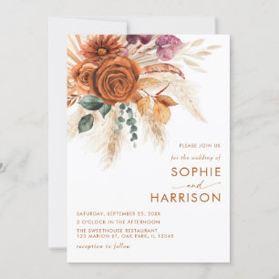  Burnt Orange Boho Pampas Grass Rust Wedding Invitation