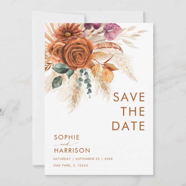 Burnt Orange Boho Pampas Grass Save The Date Invitation (Front)