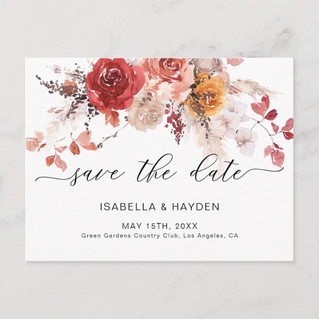 Burnt Orange Boho Pampas Terracotta Save The Date Announcement Postcard (Front)