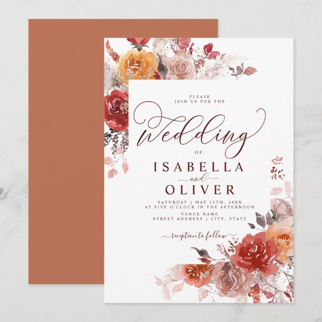 Burnt Orange Boho Terracotta Burgundy Wedding Invi Invitation (Front/Back)