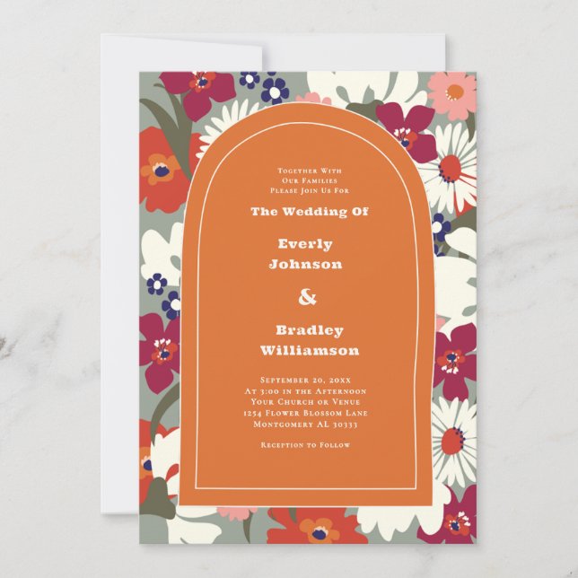 Burnt Orange Bold Floral Boho Chic Retro Wedding Invitation (Front)