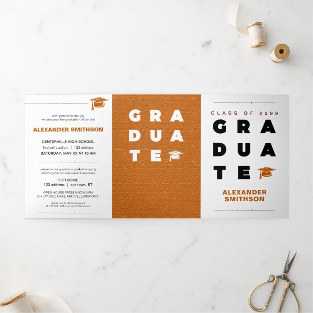 Burnt Orange Bold GRADUATE Letters & Cap Tri-Fold Announcement (Outside)