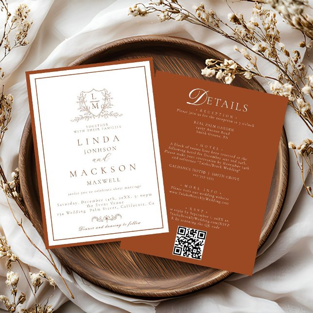 Burnt Orange botanical crest All in one wedding  Invitation (Creator Uploaded)