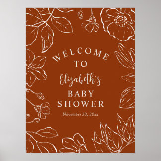 Burnt Orange Botanical Floral Baby Shower Welcome Poster