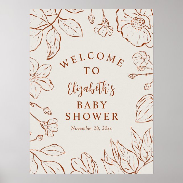 Burnt Orange Botanical Floral Baby Shower Welcome Poster (Front)