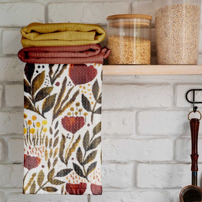 Burnt orange botanical floral illustration  kitchen towel (Creator Uploaded)