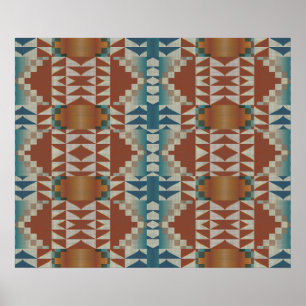 Burnt Orange Brown Teal Blue Ethnic Tribal Mosaic Poster