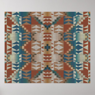 Burnt Orange Brown Teal Blue Ethnic Tribal Mosaic Poster