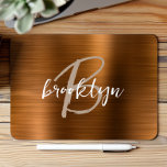 Burnt Orange Brushed Metal Script Monogram  Mouse Pad<br><div class="desc">This elegant personalized mouse pad features a monogram and first name in modern beige and white script on a trendy burnt orange brushed metal background.</div>