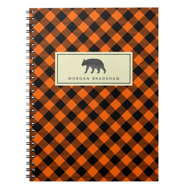 Burnt Orange Buffalo Plaid Black Bear Personalized Notebook (Front)