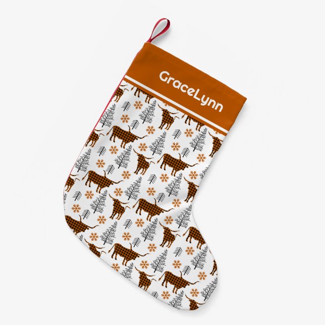 Burnt Orange Buffalo Plaid Longhorn Pattern Small Christmas Stocking (Front (Hanging))