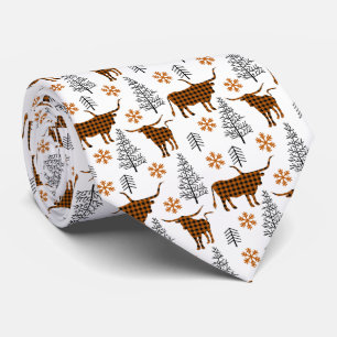 Burnt Orange Buffalo Plaid Longhorn Pattern Tie
