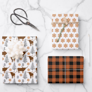 Burnt Orange Buffalo Plaid Longhorn Pattern Wrapping Paper Sheet