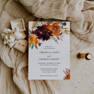Burnt Orange Burgundy Fall Floral Elegant Wedding Invitation