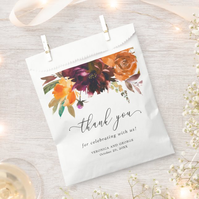 Burnt Orange Burgundy Fall Floral Rustic Wedding Favour Bag (Clipped)