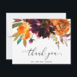 Burnt Orange Burgundy Fall Floral Rustic Wedding Thank You Card<br><div class="desc">Rustic boho floral wedding Thank You Card featuring a watercolor painted floral bouquet with warm and earthy shades of burnt orange, terracotta and deep burgundy along with some greenery. The back has your custom thank you message. This elegant flat Thank You card with the rich shades of autumn is great...</div>
