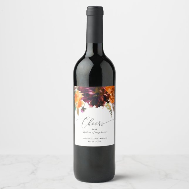 Burnt Orange Burgundy Fall Floral Rustic Wedding Wine Label (Front)