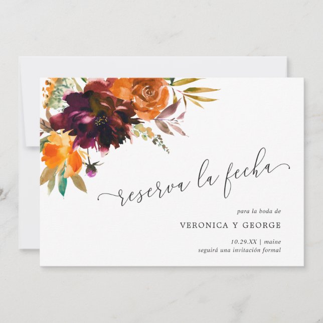Burnt Orange Burgundy Fall Floral Wedding Spanish Save The Date (Front)