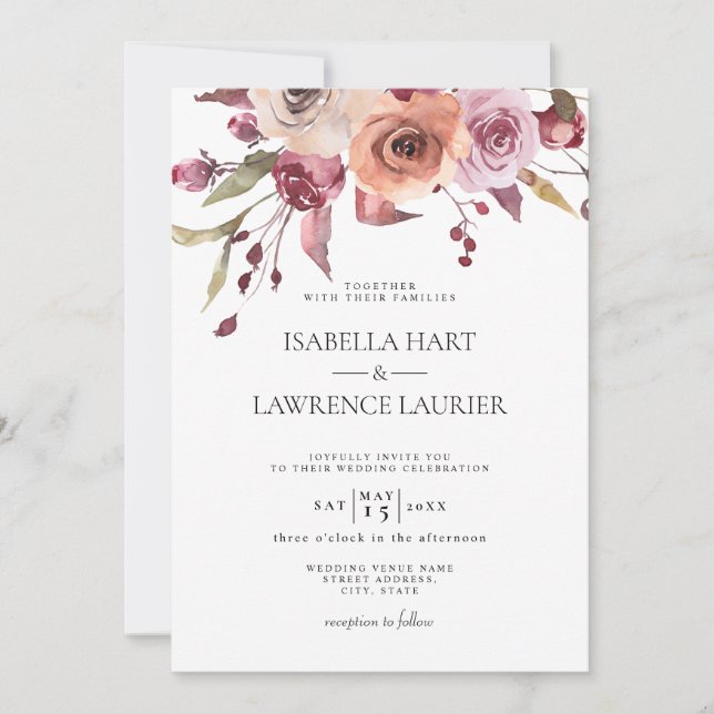 Burnt Orange Burgundy Floral Fall Elegant Wedding  Invitation (Front)