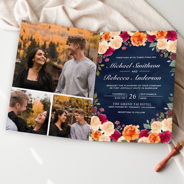 Burnt Orange Burgundy Floral Navy QR Code Wedding Invitation (Creator Uploaded)
