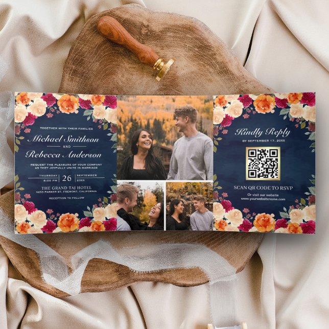 Burnt Orange Burgundy Floral Navy QR Code Wedding Tri-Fold Invitation (Creator Uploaded)
