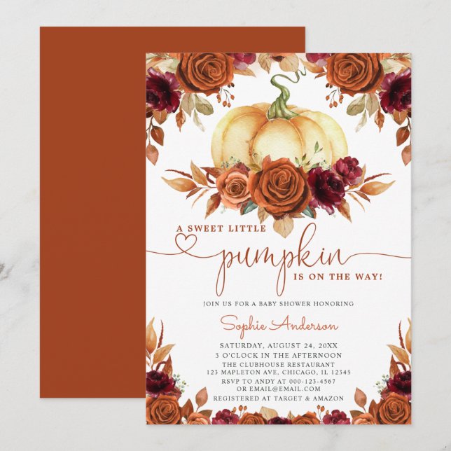 Burnt Orange Burgundy Floral Pumpkin Baby Shower Invitation (Front/Back)
