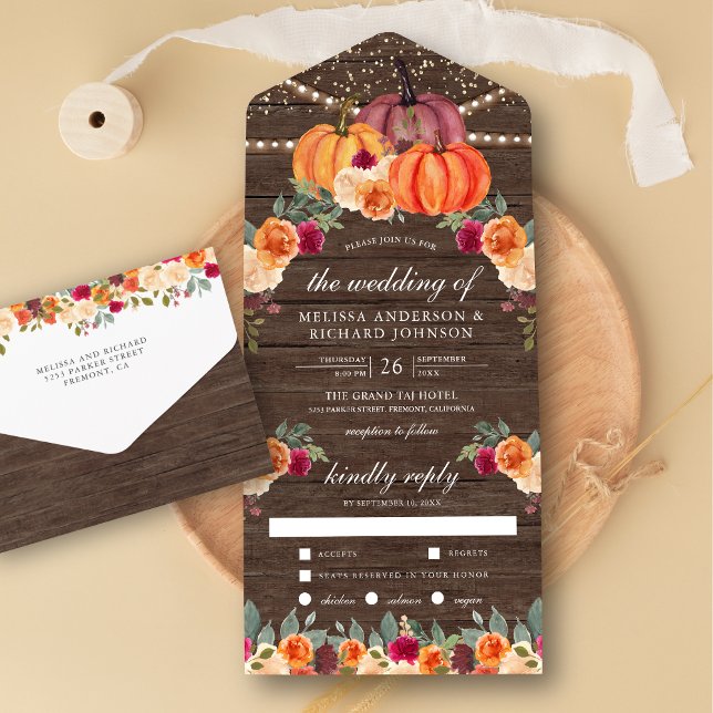 Burnt Orange Burgundy Floral Pumpkin Wood Wedding All In One Invitation (Creator Uploaded)