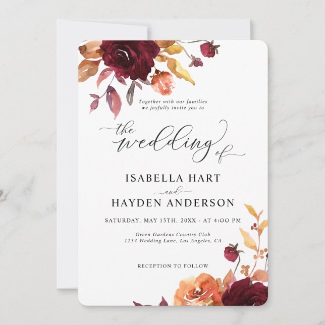 Burnt Orange Burgundy Wine Red Chic Floral Wedding Invitation (Front)