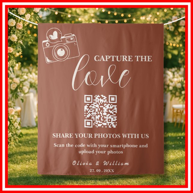 Burnt Orange Capture The Love QR Wedding Backdrop Tapestry (Creator Uploaded)