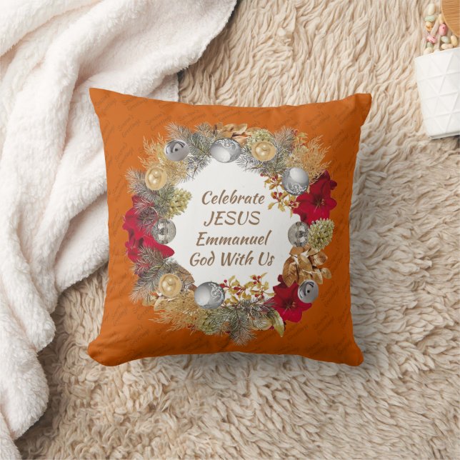 Burnt Orange CELEBRATE JESUS Christmas Wreath Throw Pillow (Blanket)