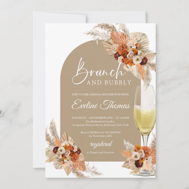 Burnt orange champagne glass brunch and bubbly   invitation (Front)